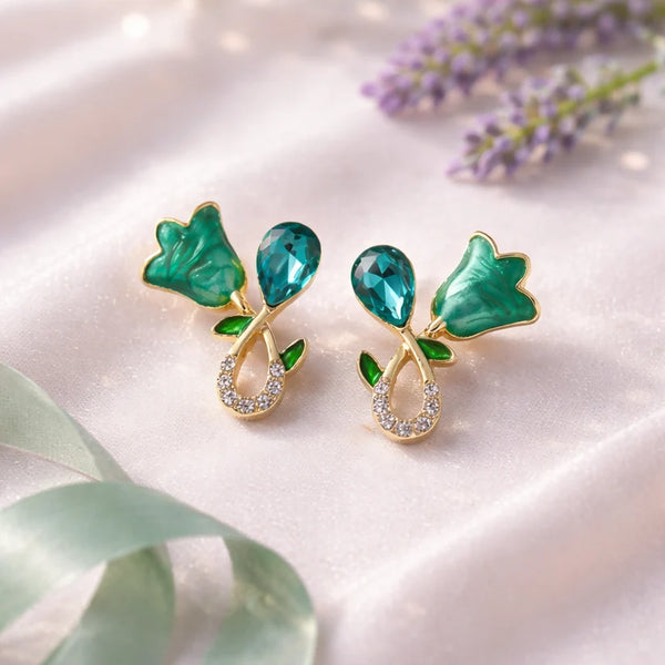 Green Floral Stud Earrings – Gold Plated Crystal Design